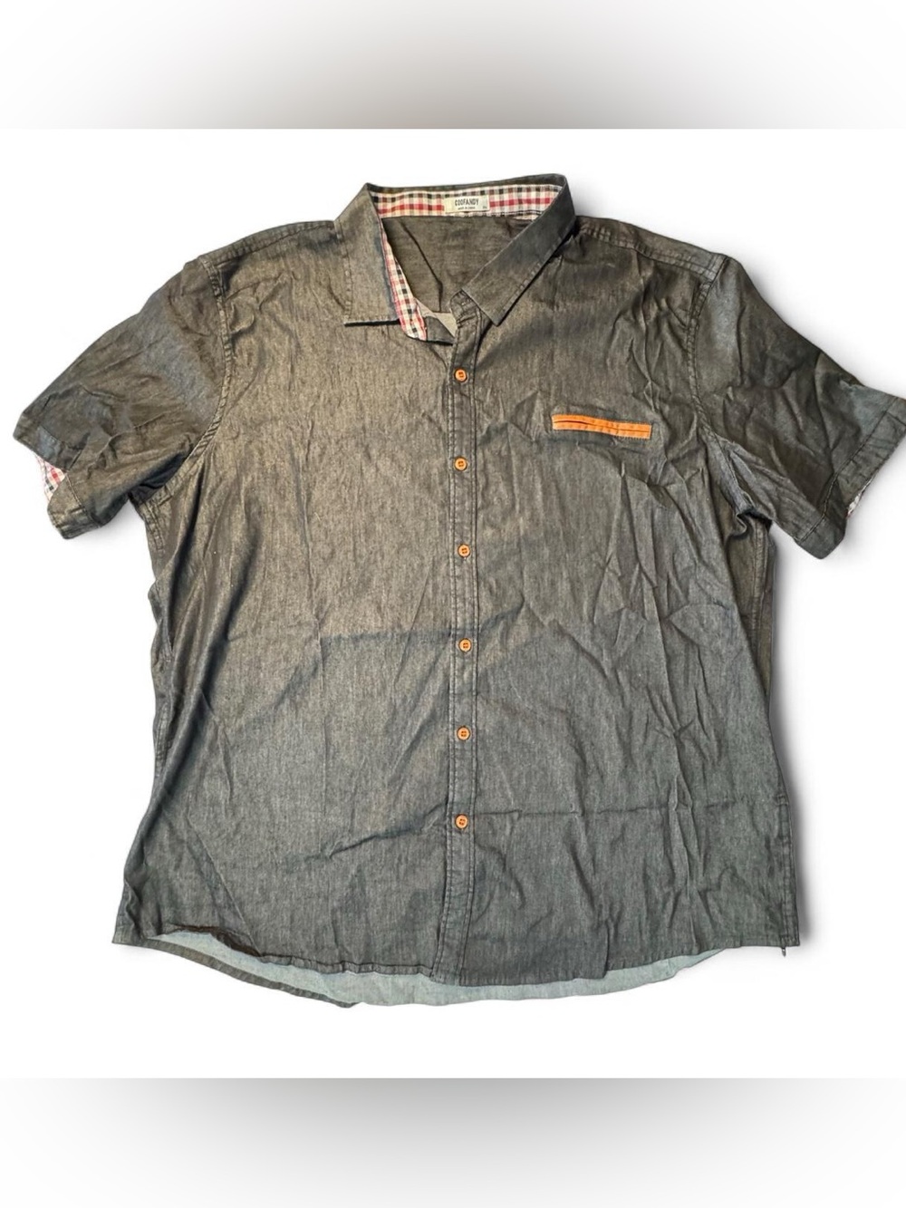 COOFANDY Men's Denim Button-Down Shirt Short Sleeve Plaid Collar Trim Gray 3XL